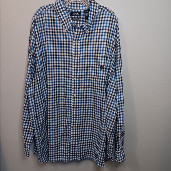 EUC Chaps Men's 4X Shirt Blue Black Plaid Twill Button-Down Collar - Picture 1 of 5